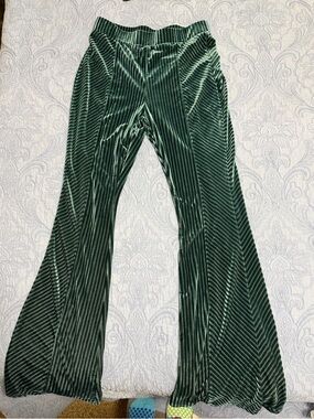 Emerald Green Velvet Ribbed Flared Pants